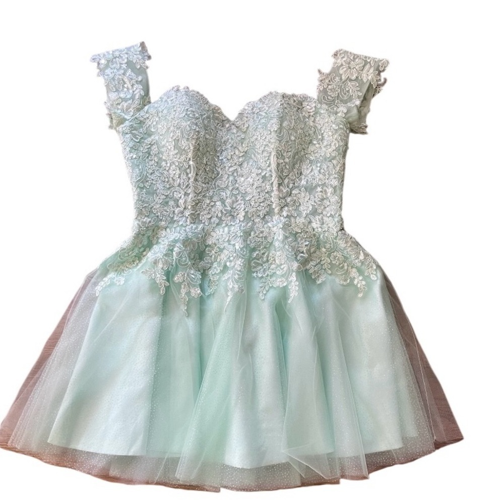 Lace Short Glitter Tulle Cold Shoulder Formal Prom Dress Size 10 Light Green.NWT - Picture 2 of 10
